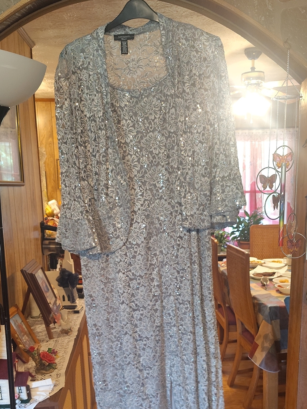 R&M Richards Silver Lace Sequin Evening Jacket Dress Set